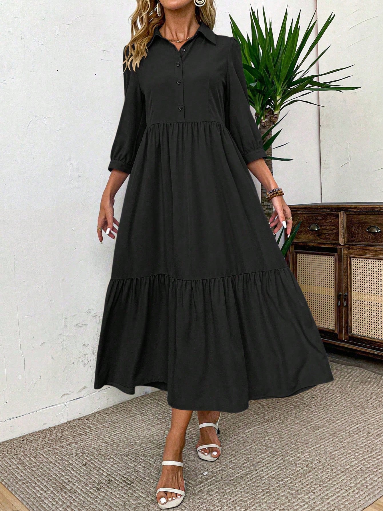 EMERY ROSE Women Solid Color Casual Short Sleeve Dress Maxi Women