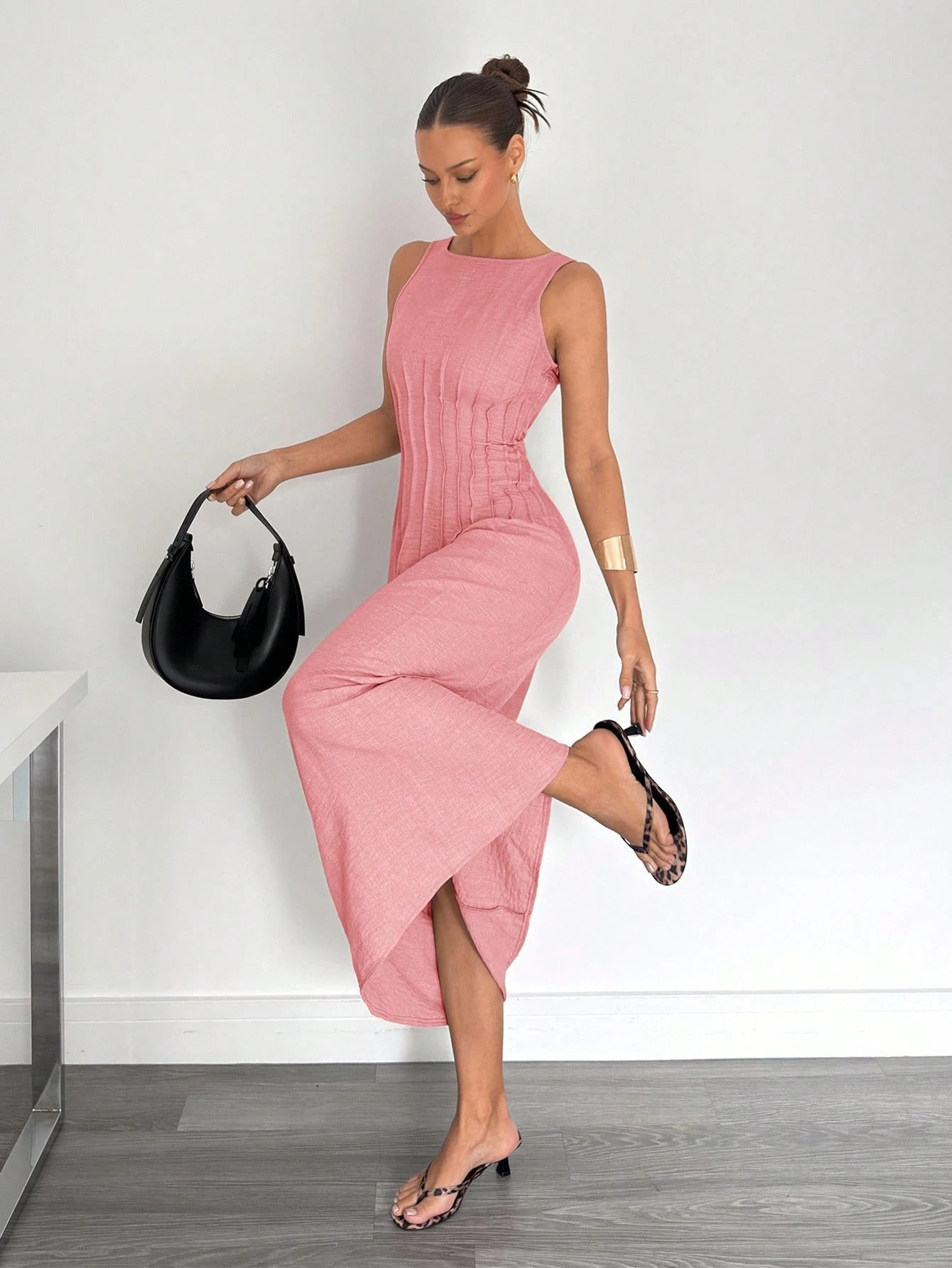 Siren Gaze New Summer Waist Ruched A-Line Long Dress, Slimming Solid