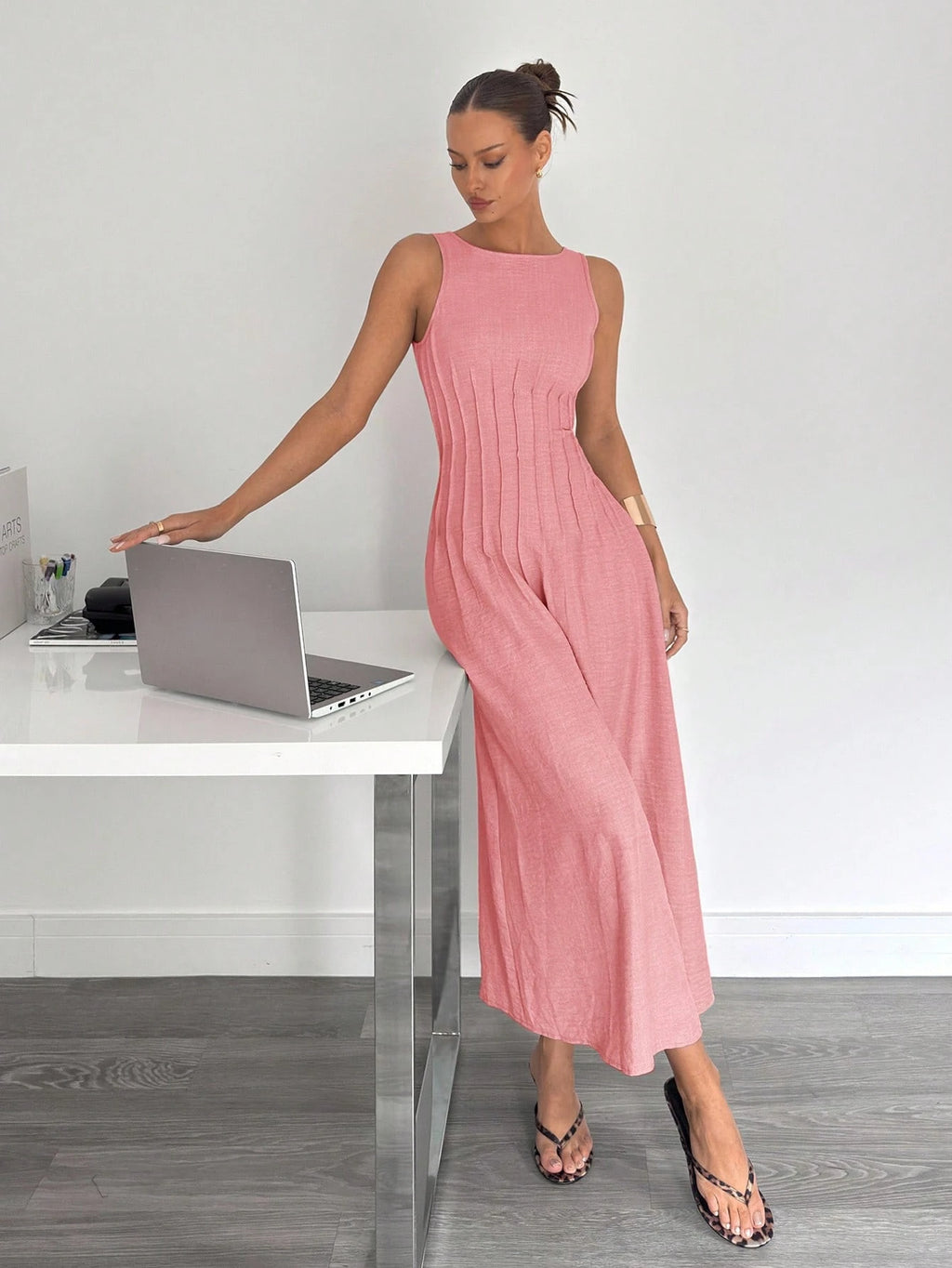 Siren Gaze New Summer Waist Ruched A-Line Long Dress, Slimming Solid