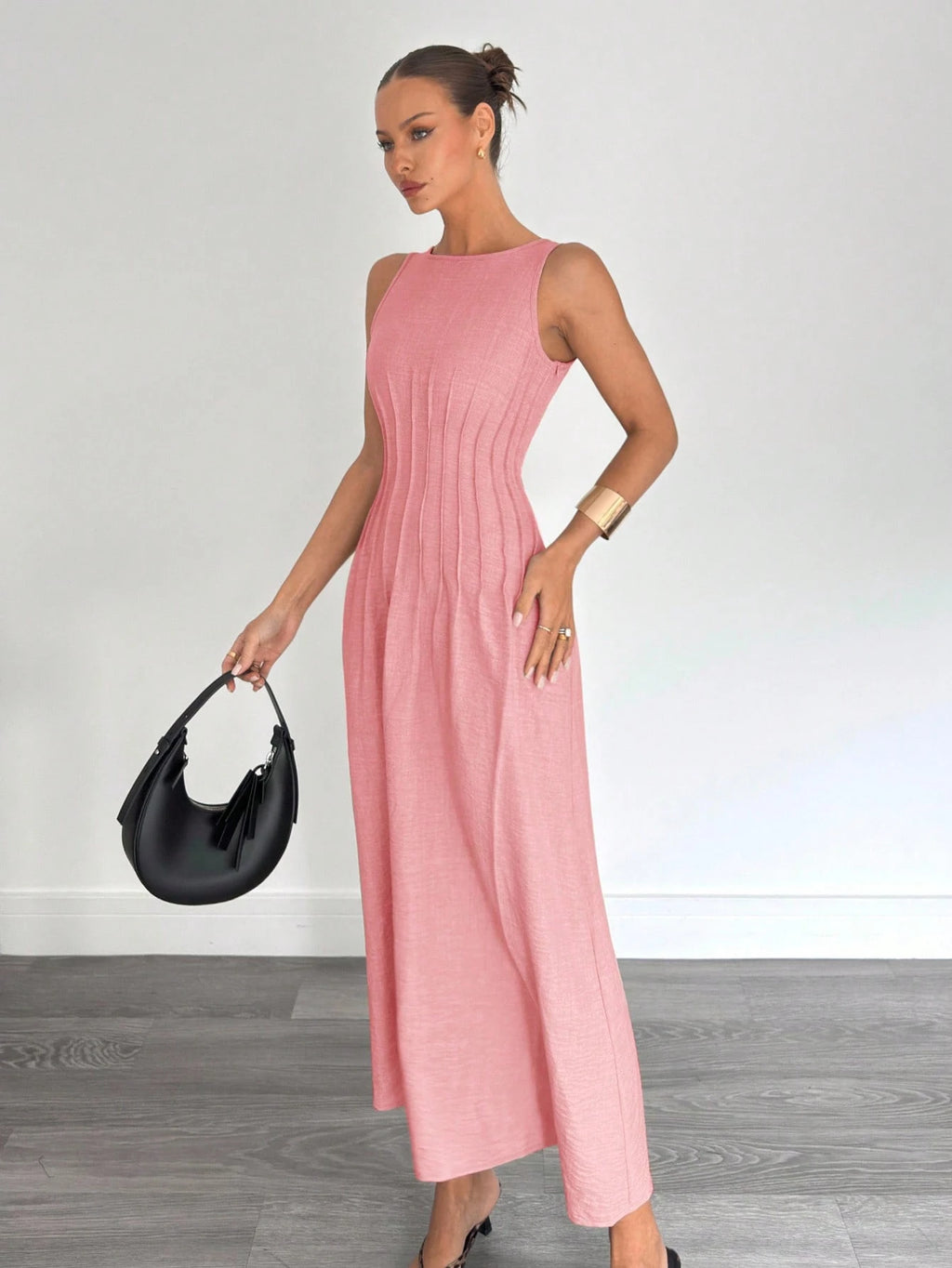 Siren Gaze New Summer Waist Ruched A-Line Long Dress, Slimming Solid