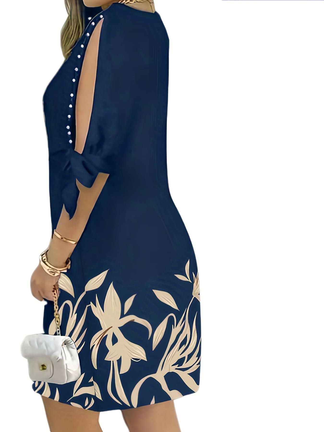 Floral Print Ruffle Sleeve Faux Pearl Embellished Women's Dress,