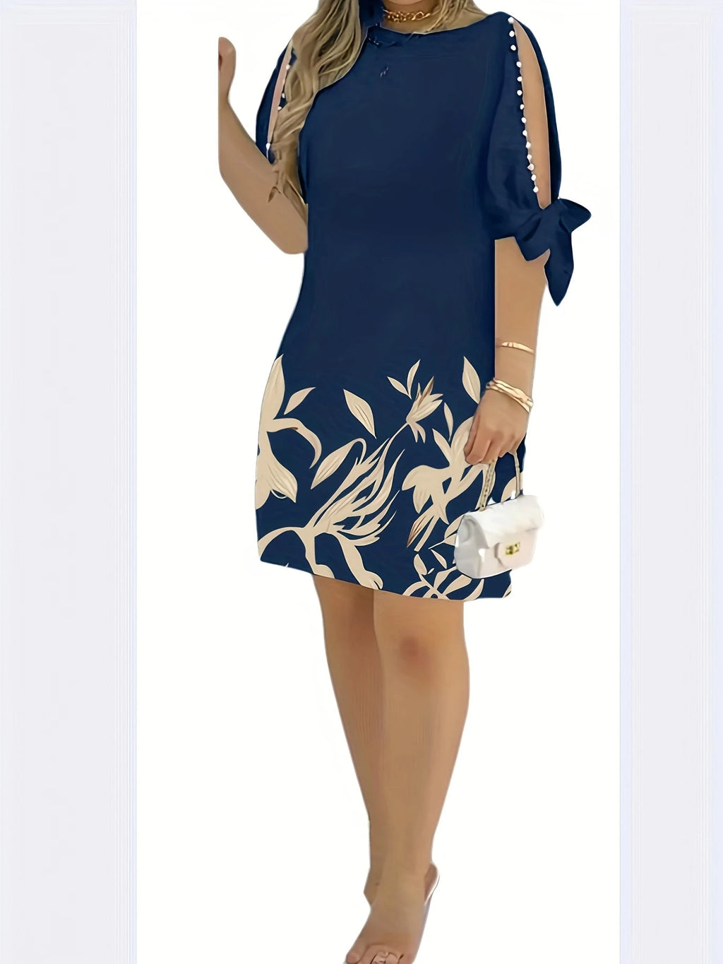Floral Print Ruffle Sleeve Faux Pearl Embellished Women's Dress,