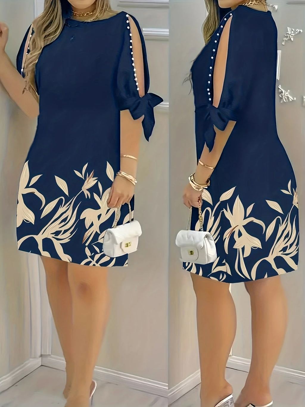 Floral Print Ruffle Sleeve Faux Pearl Embellished Women's Dress,