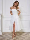 YUMIBRAVO Elegant Bridal Wedding Dress, Off-Shoulder Bridal Gown, Pleated Bust Puffy Skirt, White Ladies