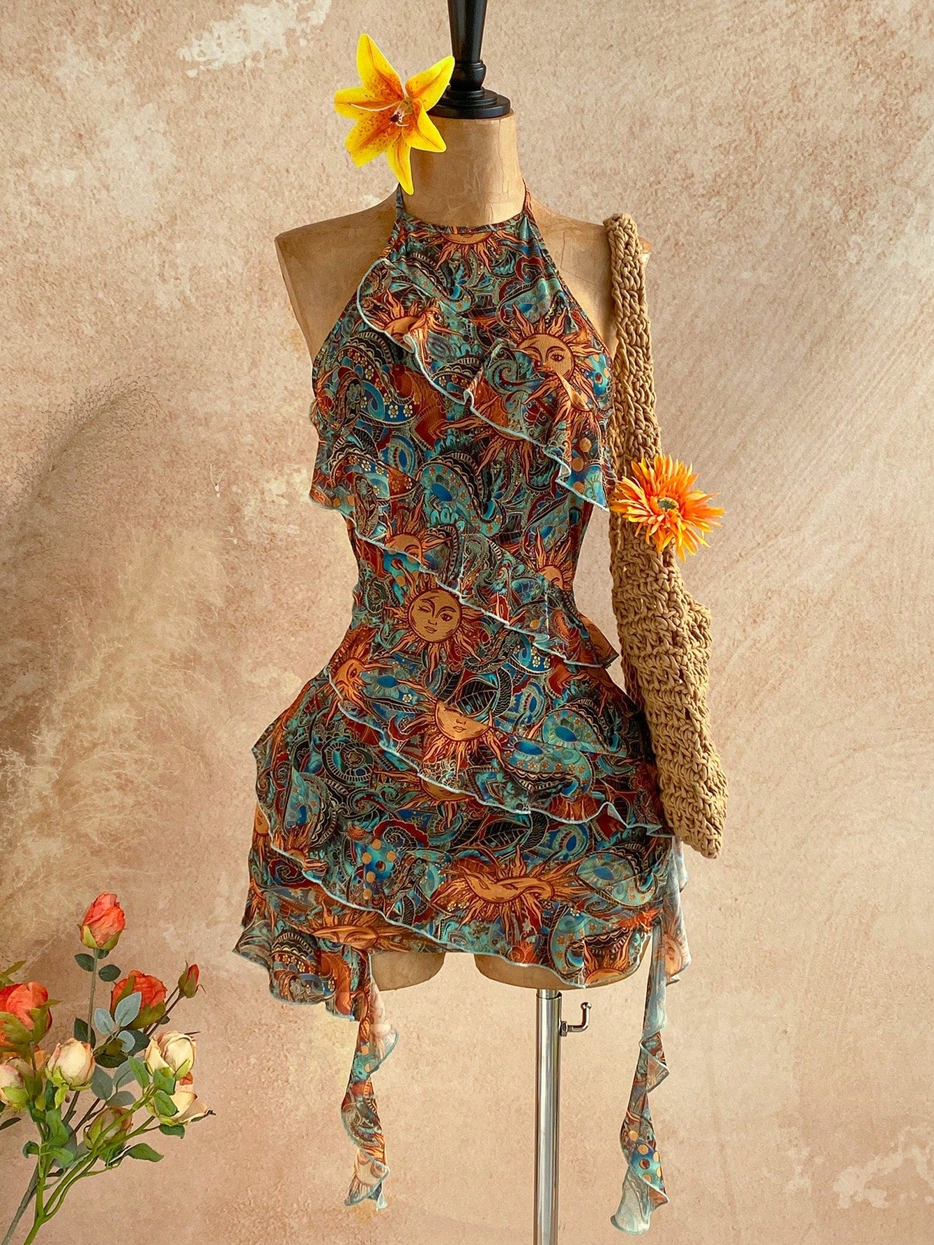 Soleia Women's Vacation Casual Tropical Paisley Print Ruffle Trim Backless Halter Mini Dress Vacation Teal - image 7