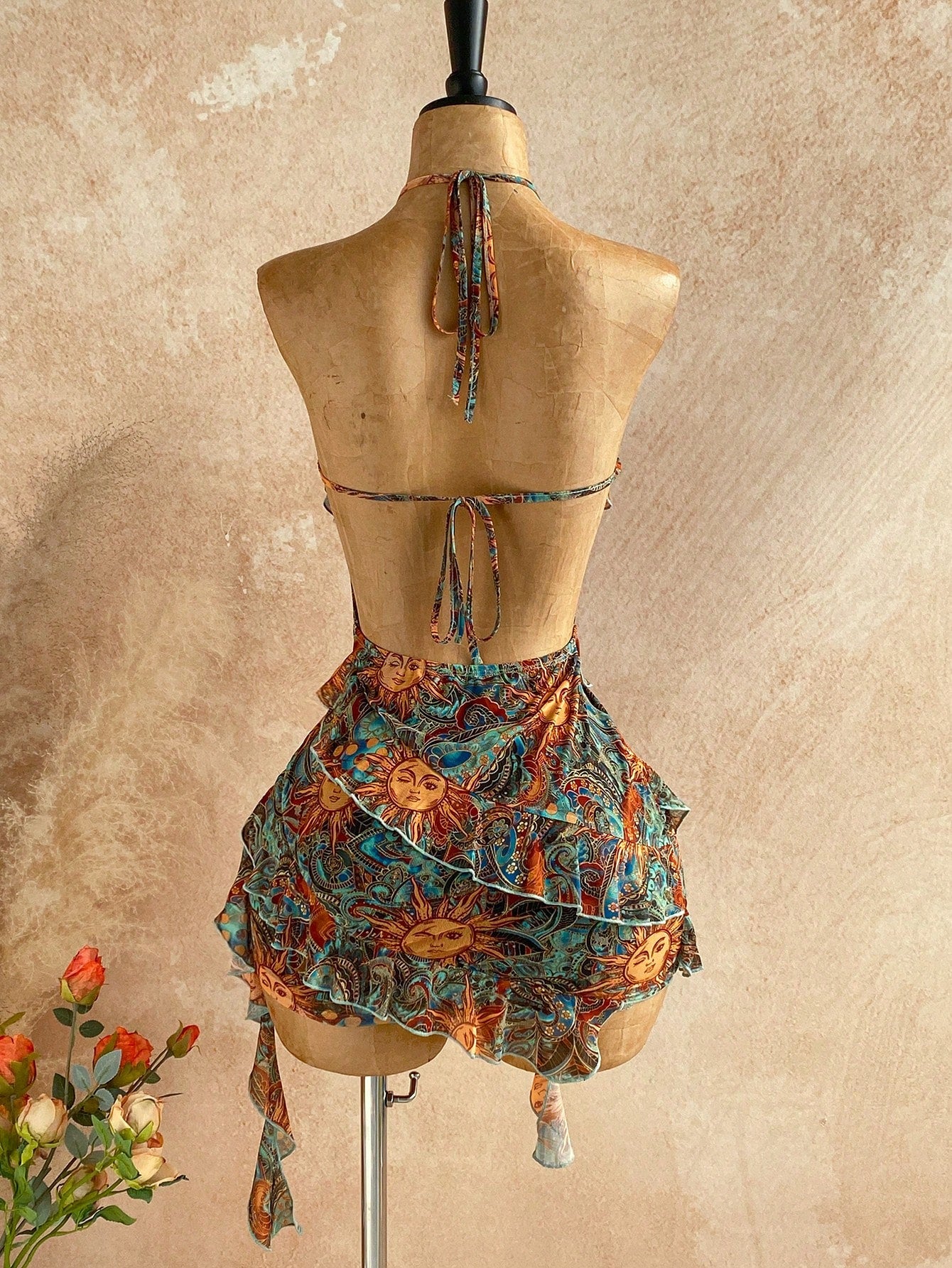 Soleia Women's Vacation Casual Tropical Paisley Print Ruffle Trim Backless Halter Mini Dress Vacation Teal - image 8