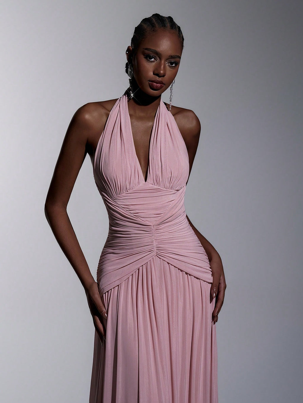 Elitara Elegant, , Fashionable Elastic Mesh Halter Neck Ruched Decor A-Line Dress, Party Wedding Guest Orange - image 10