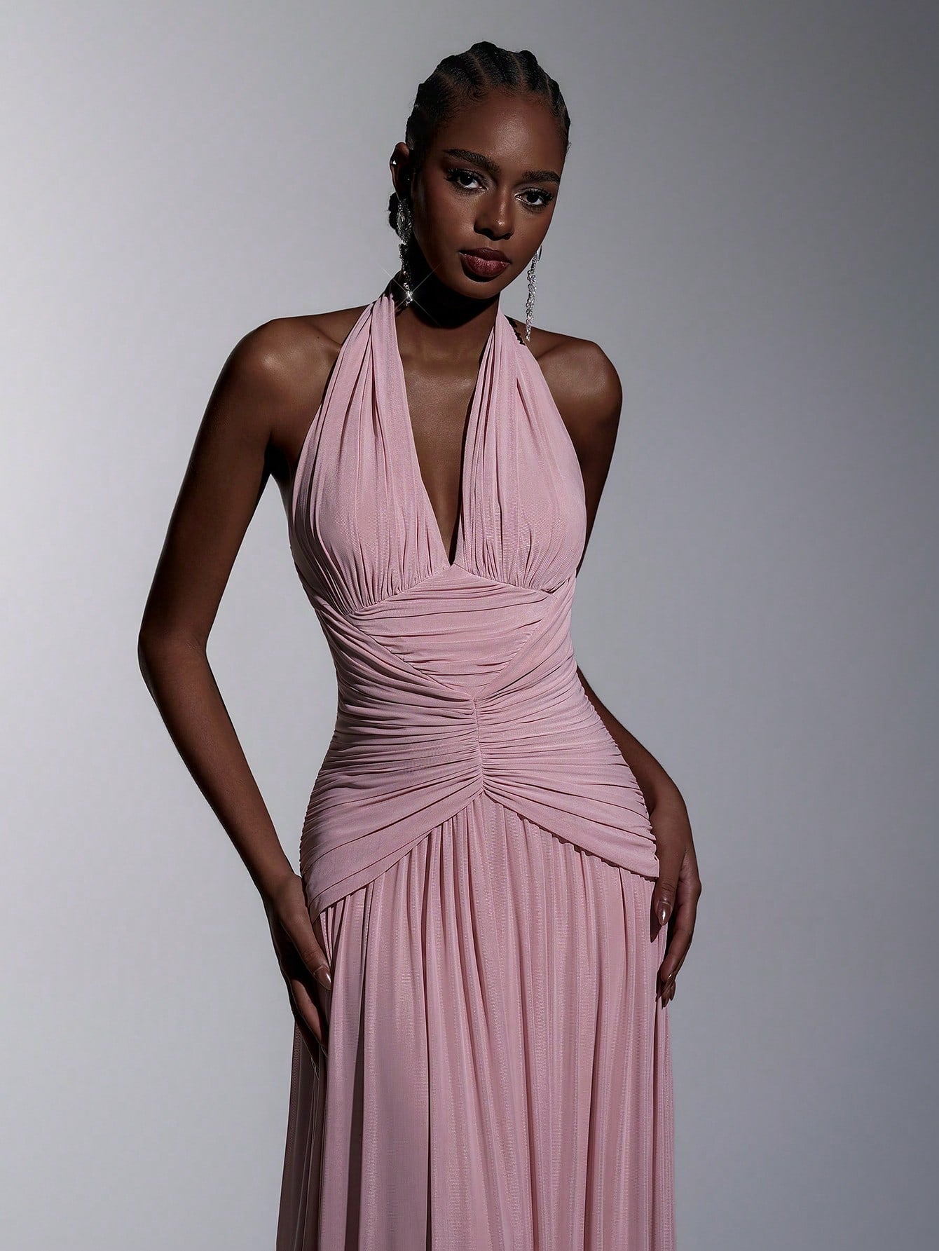 Elitara Elegant, , Fashionable Elastic Mesh Halter Neck Ruched Decor A-Line Dress, Party Wedding Guest Orange - image 10