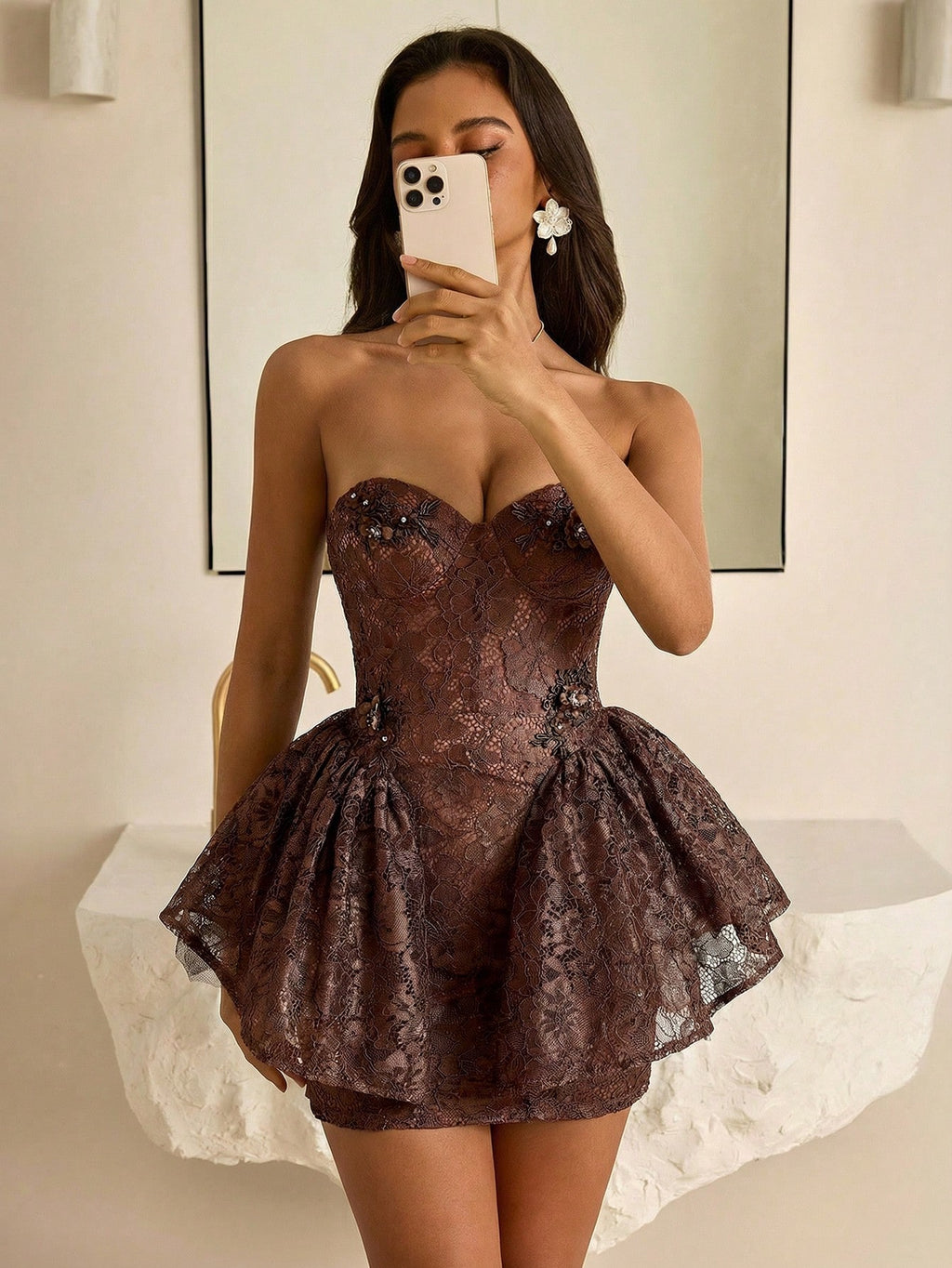 Vowa Elegant White Summer Bachelorette Party Wedding Formal Palace Style Lace Strapless Boned Waisted A-Line - image 16