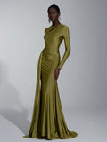 Elitara Elegant,Sage Green,Spring,Formal,Evening,Wedding Guest Knitted Dress,Long Sleeve Hollow-Out Fishtail