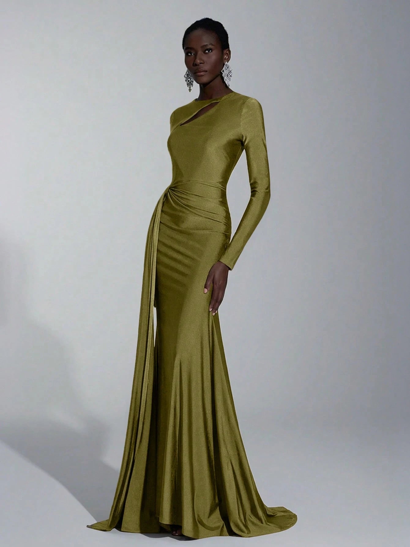Elitara Elegant,Sage Green,Spring,Formal,Evening,Wedding Guest Knitted Dress,Long Sleeve Hollow-Out Fishtail