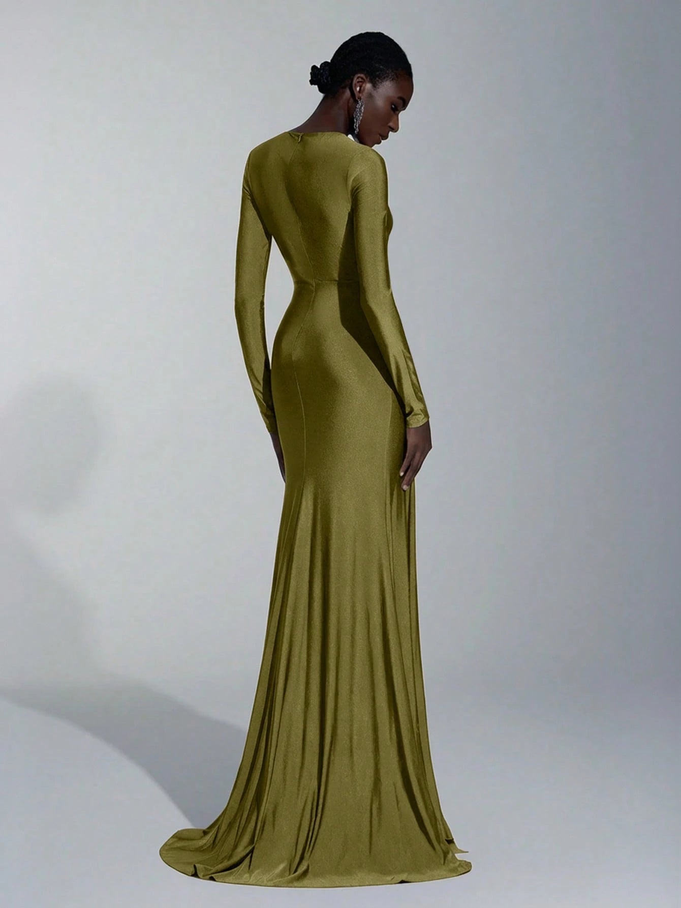 Elitara Elegant,Sage Green,Spring,Formal,Evening,Wedding Guest Knitted Dress,Long Sleeve Hollow-Out Fishtail - image 3