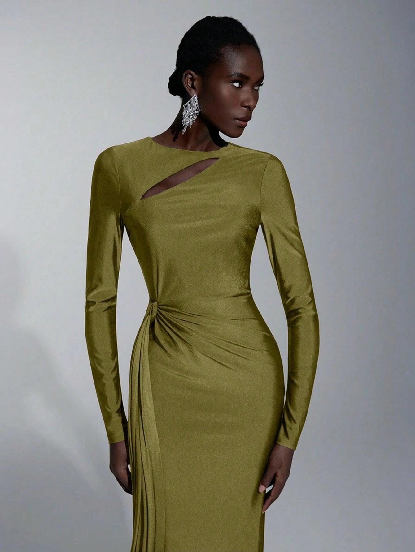 Elitara Elegant,Sage Green,Spring,Formal,Evening,Wedding Guest Knitted Dress,Long Sleeve Hollow-Out Fishtail - image 4