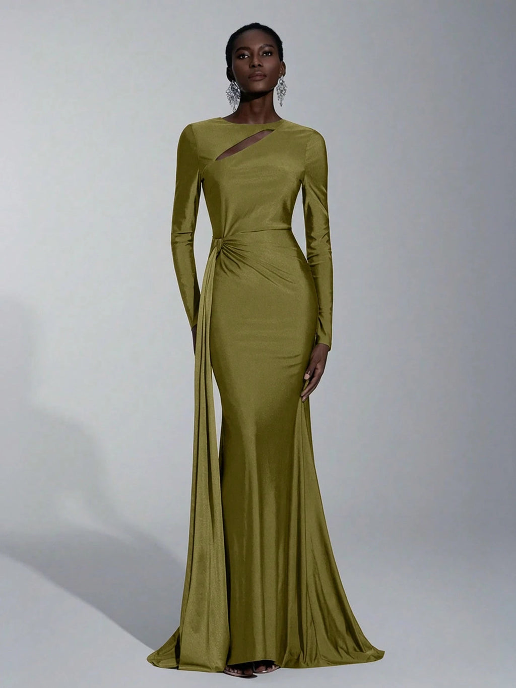 Elitara Elegant,Sage Green,Spring,Formal,Evening,Wedding Guest Knitted Dress,Long Sleeve Hollow-Out Fishtail - image 5