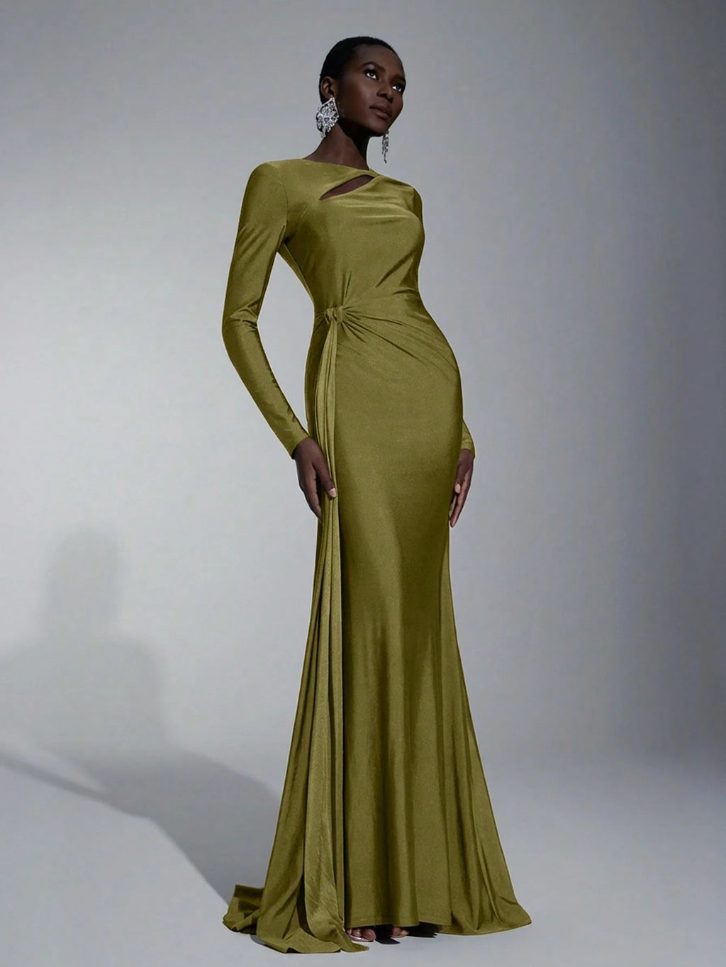 Elitara Elegant,Sage Green,Spring,Formal,Evening,Wedding Guest Knitted Dress,Long Sleeve Hollow-Out Fishtail - image 6