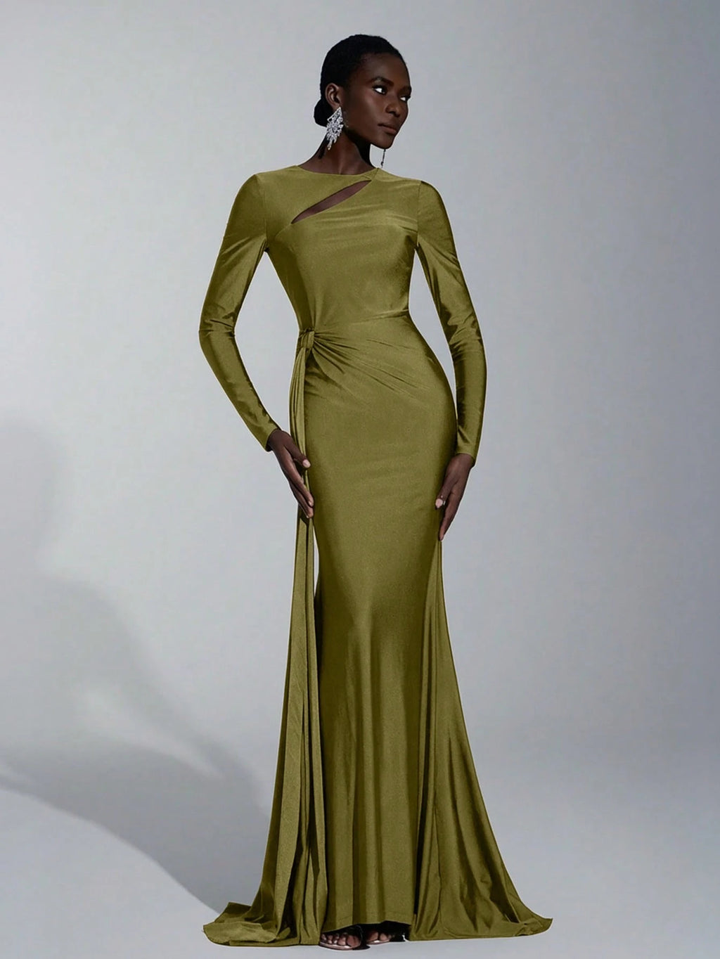 Elitara Elegant,Sage Green,Spring,Formal,Evening,Wedding Guest Knitted Dress,Long Sleeve Hollow-Out Fishtail - image 7