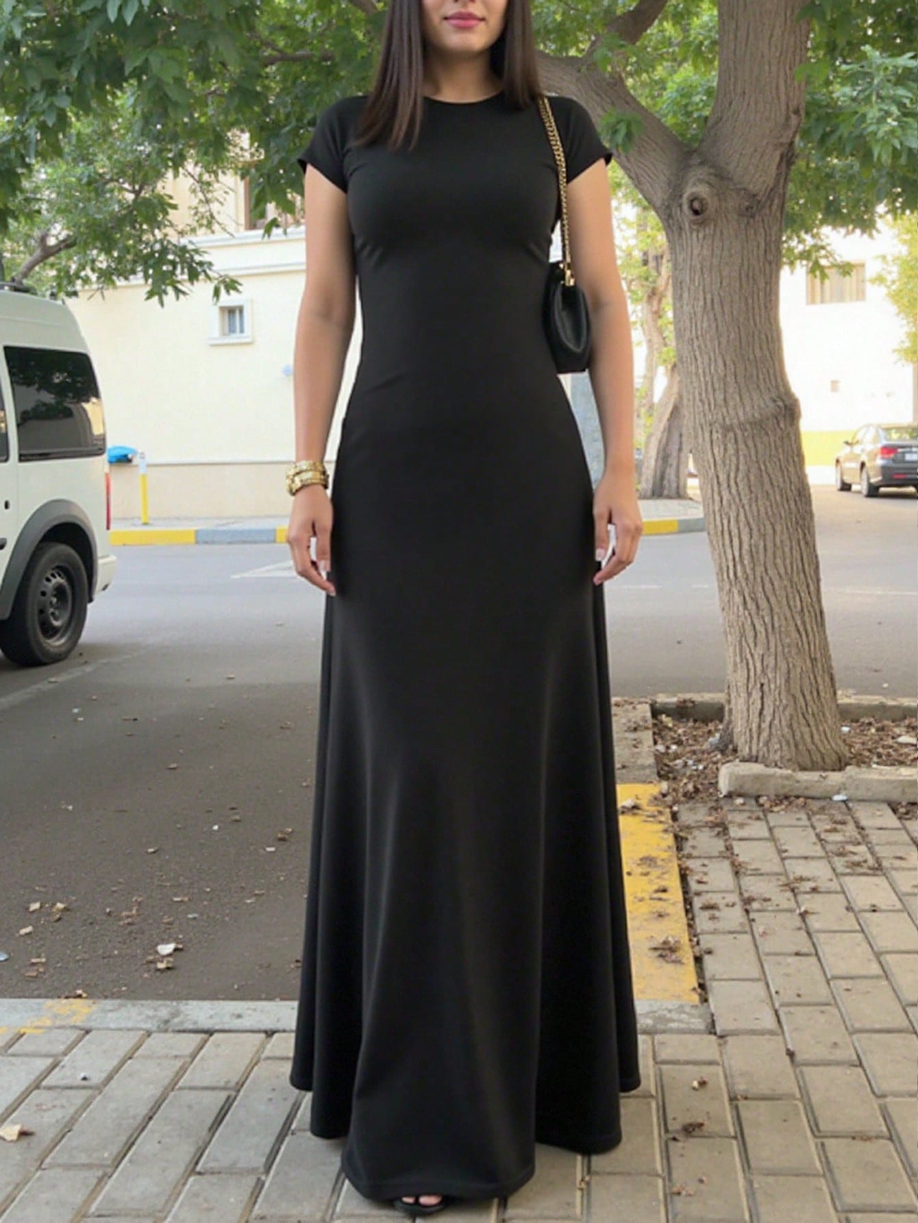INAWLY Solva Women's Solid Color Round Neck Elegant Waist Cinched Long Party Dress - image 8