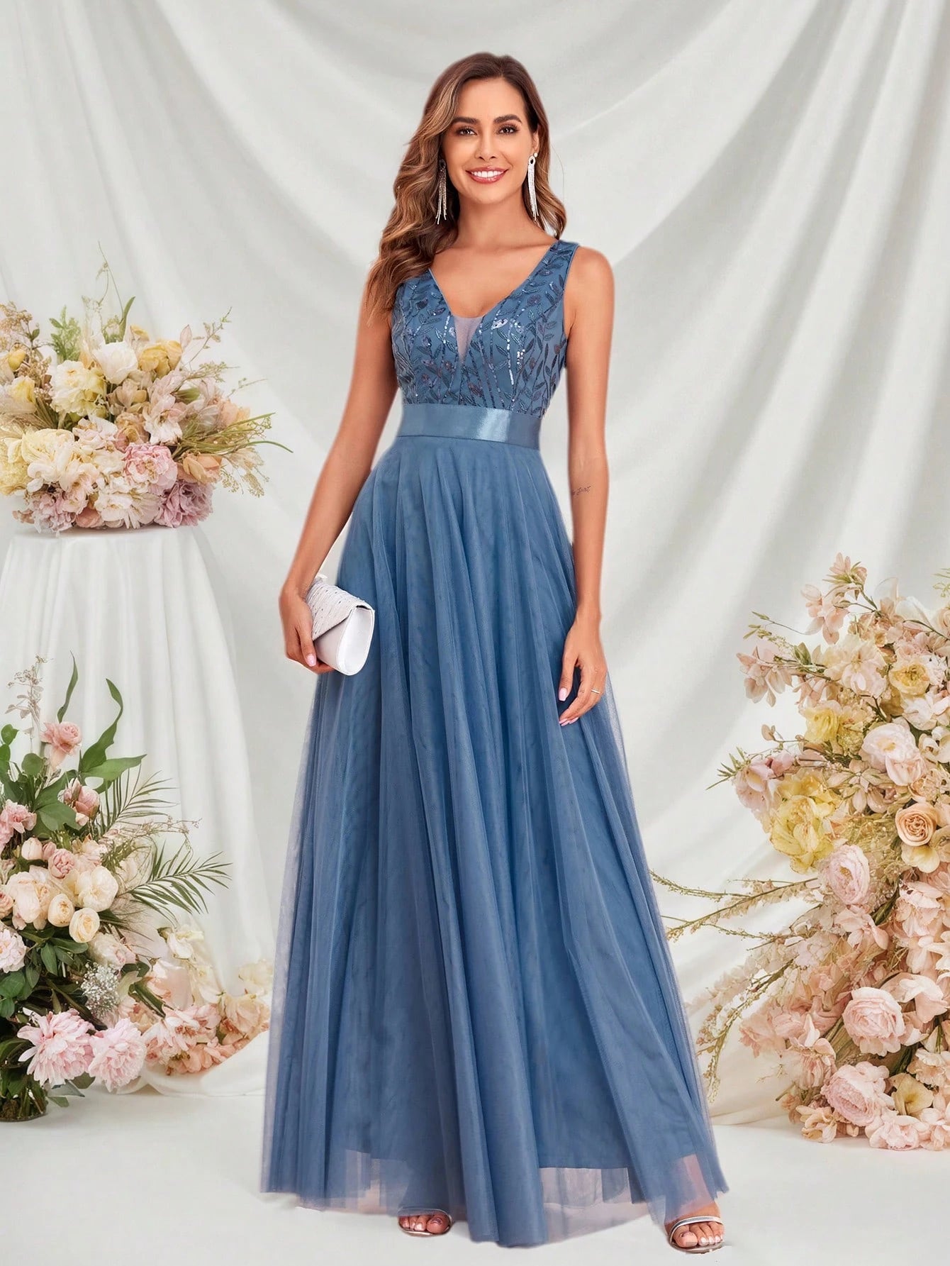 XUCTHHC Elegant Sequin Embroidery & Mesh V-Neck Sleeveless A-Line Bridesmaid Dress, Suitable For Prom, Party, - image 9