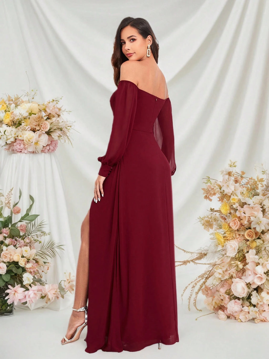 Women's Elegant Off-Shoulder High Slit A-Line Chiffon Bridesmaid Dress, Burgundy Party Gown, Graduation Prom - image 4