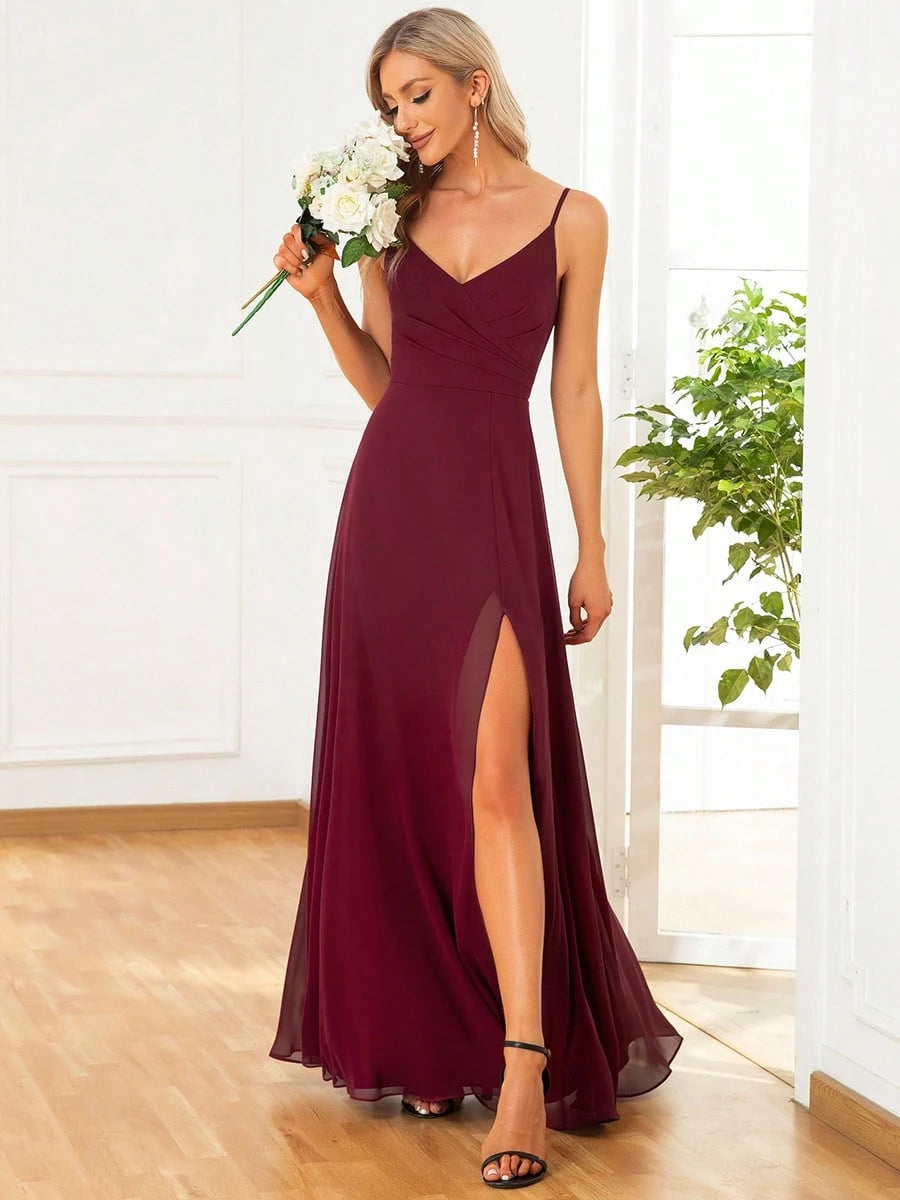 EVERPRETTY Elegant Sexy Solid Color Spaghetti Strap Slit Light Blue