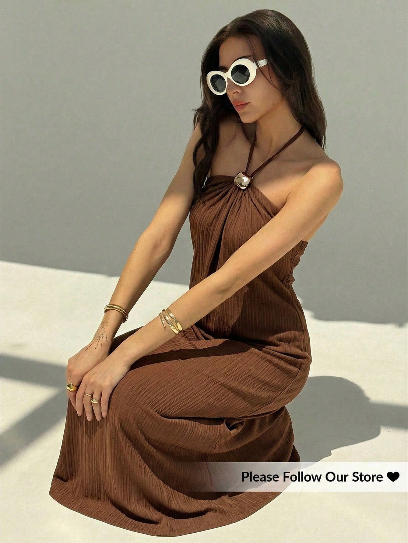 Aloruh New Champagne Backless Pleated Minimalist Long Dress, Metal