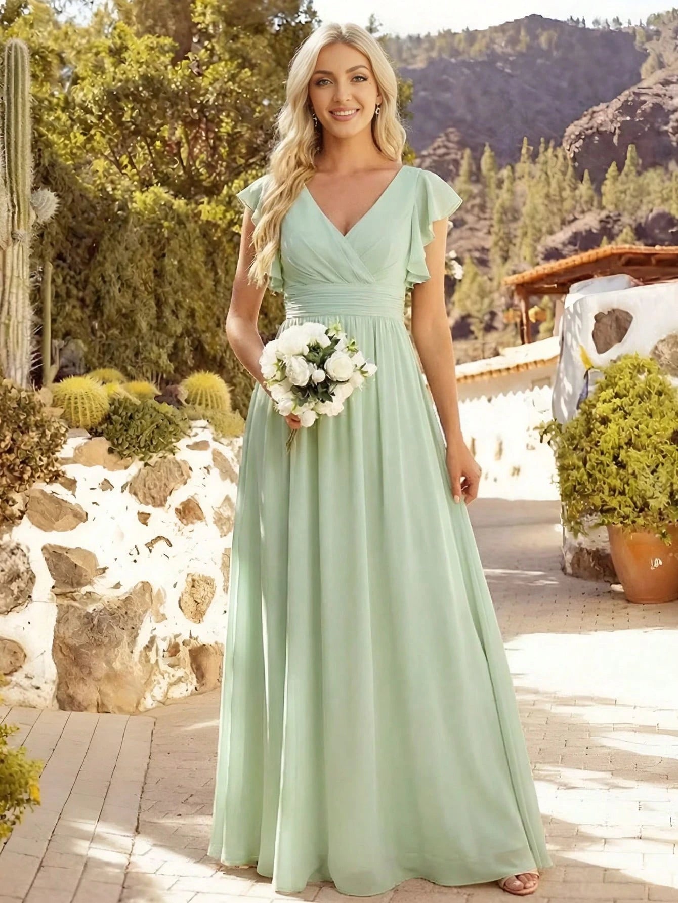 Asymmetric Ruffle Sleeve V-Neck Chiffon Green Bridesmaid Dress,