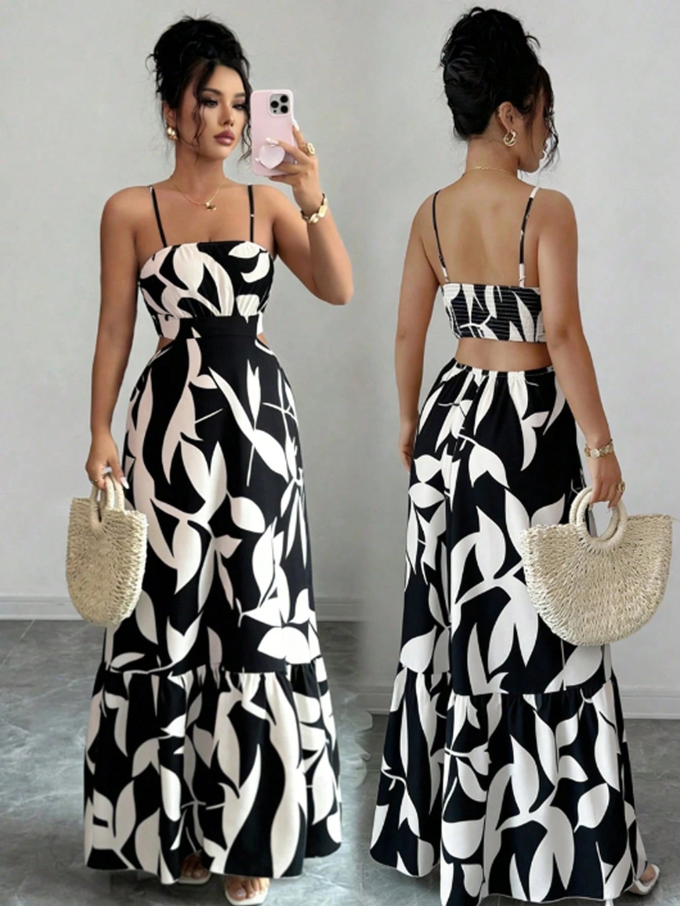 Women's Elegant Printed Waist-Cinched Long Dress