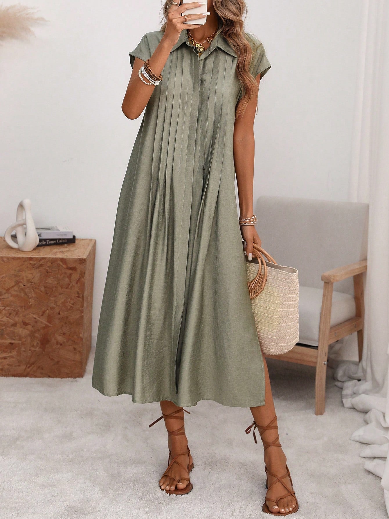 Florisole Women's Shirt Collar Button Down Loose Midi Dress,Sage