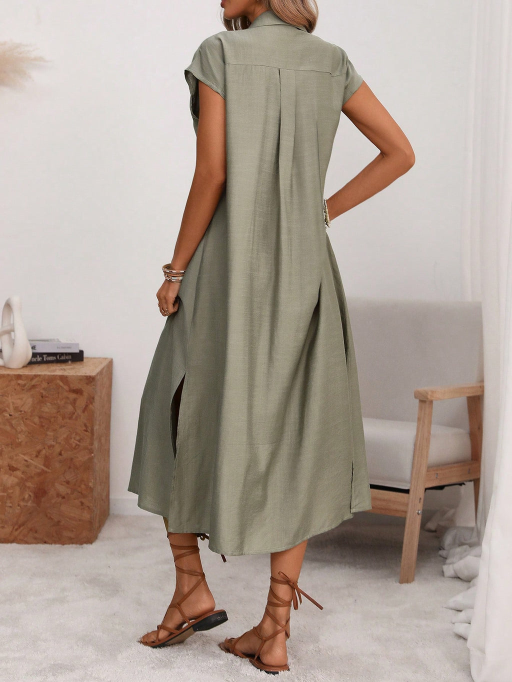 Florisole Women's Shirt Collar Button Down Loose Midi Dress,Sage