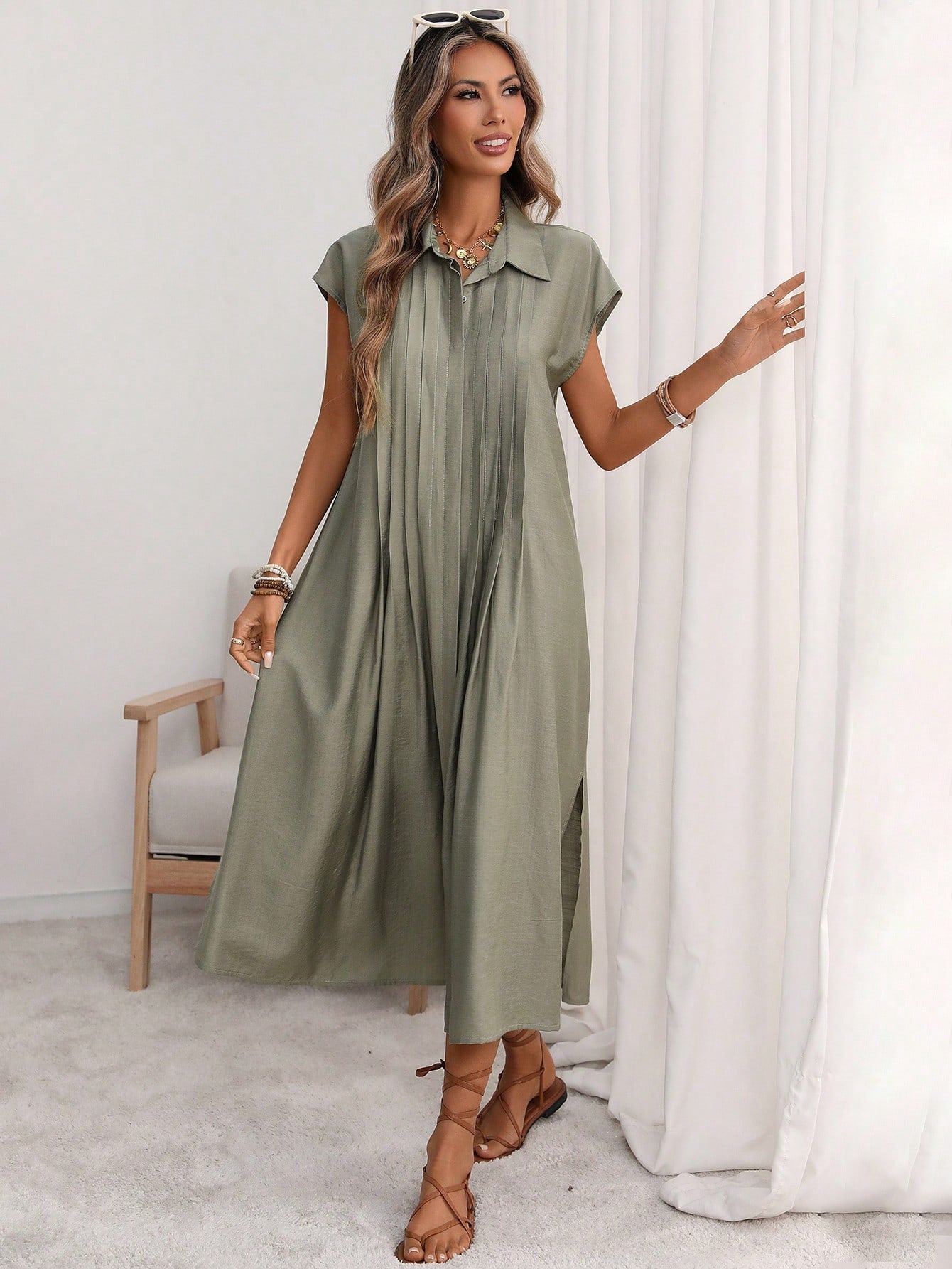 Florisole Women's Shirt Collar Button Down Loose Midi Dress,Sage