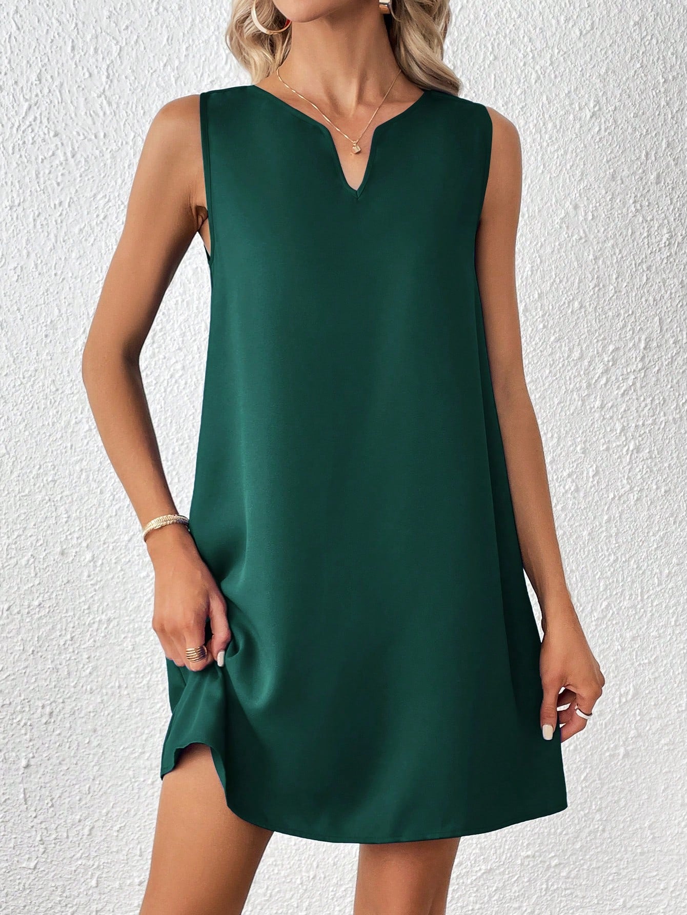 Clasi Solid Notched Neckline Sleeveless Tank Dress,Business Casual