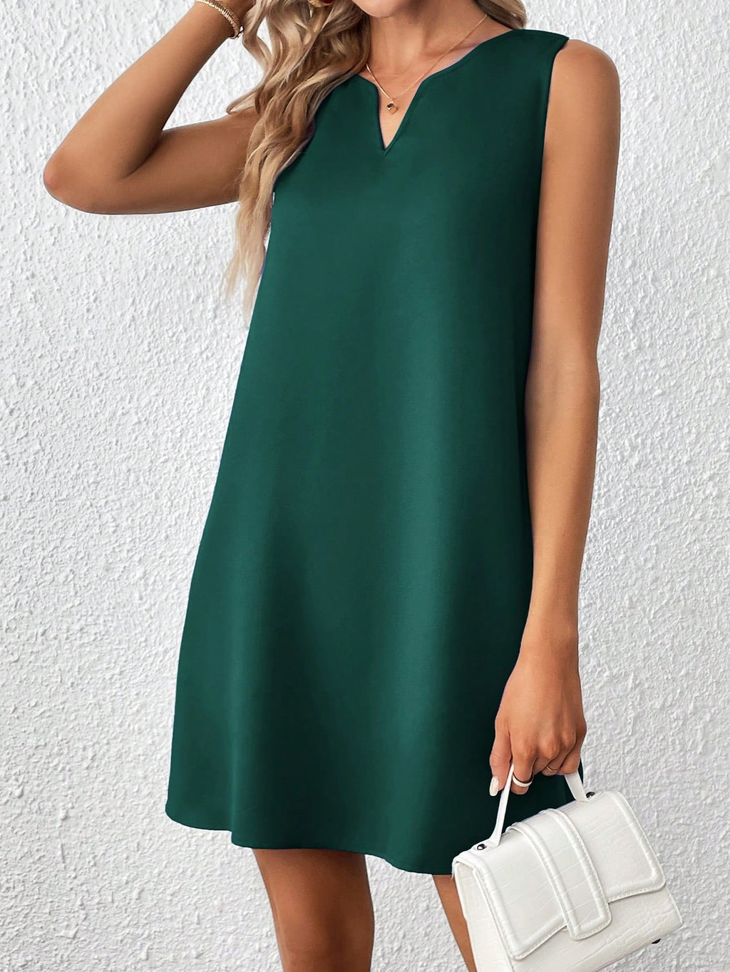 Clasi Solid Notched Neckline Sleeveless Tank Dress,Business Casual