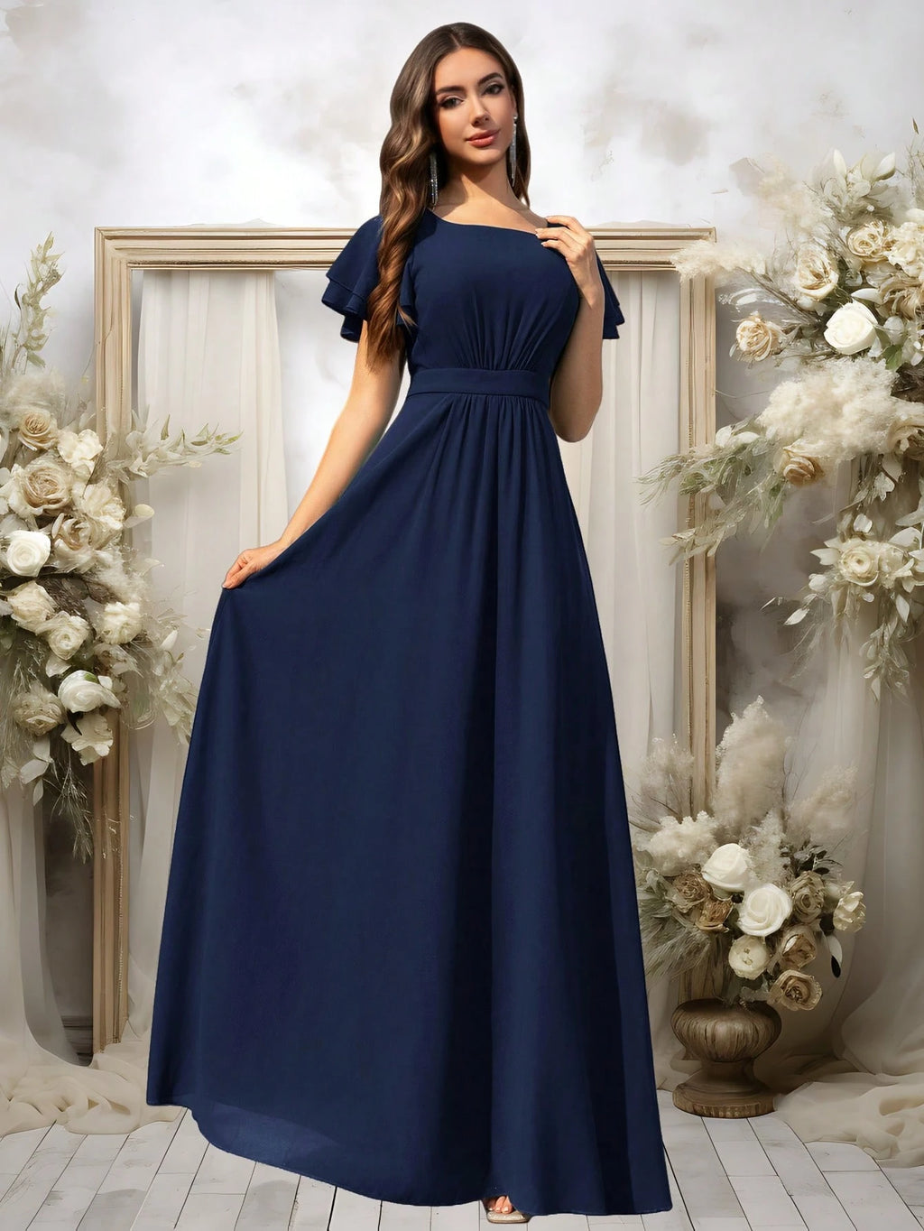 Volly Toych Elegant Light Blue Bridesmaid Dress, Flowing Chiffon Maxi Skirt, Ruffle Short Sleeves And Draped - image 15