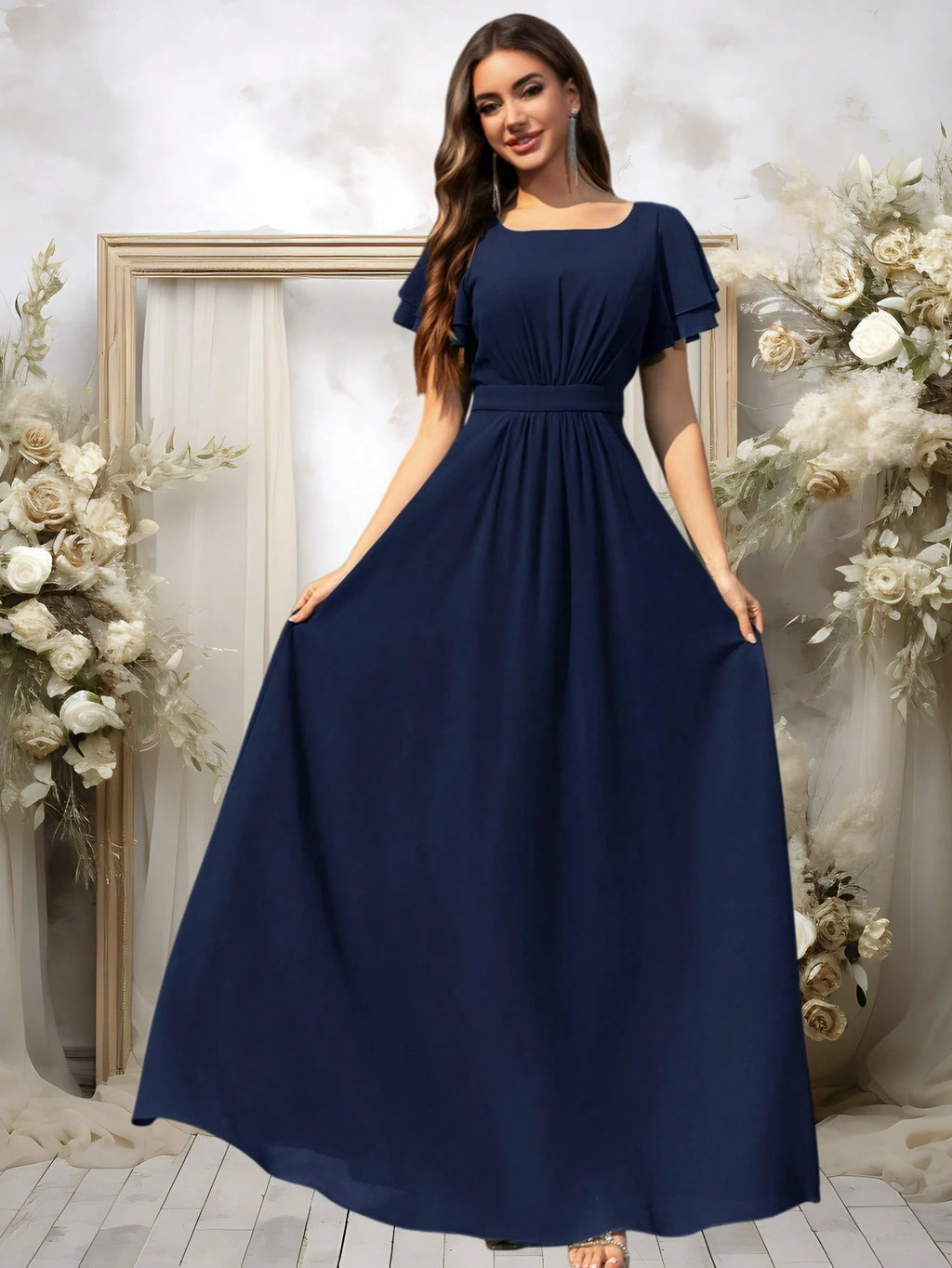 Volly Toych Elegant Light Blue Bridesmaid Dress, Flowing Chiffon Maxi Skirt, Ruffle Short Sleeves And Draped - image 16