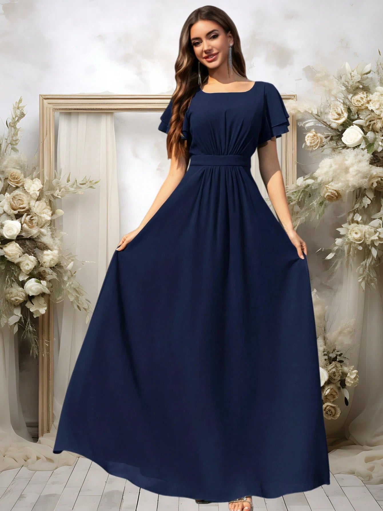 Volly Toych Elegant Light Blue Bridesmaid Dress, Flowing Chiffon Maxi Skirt, Ruffle Short Sleeves And Draped - image 16