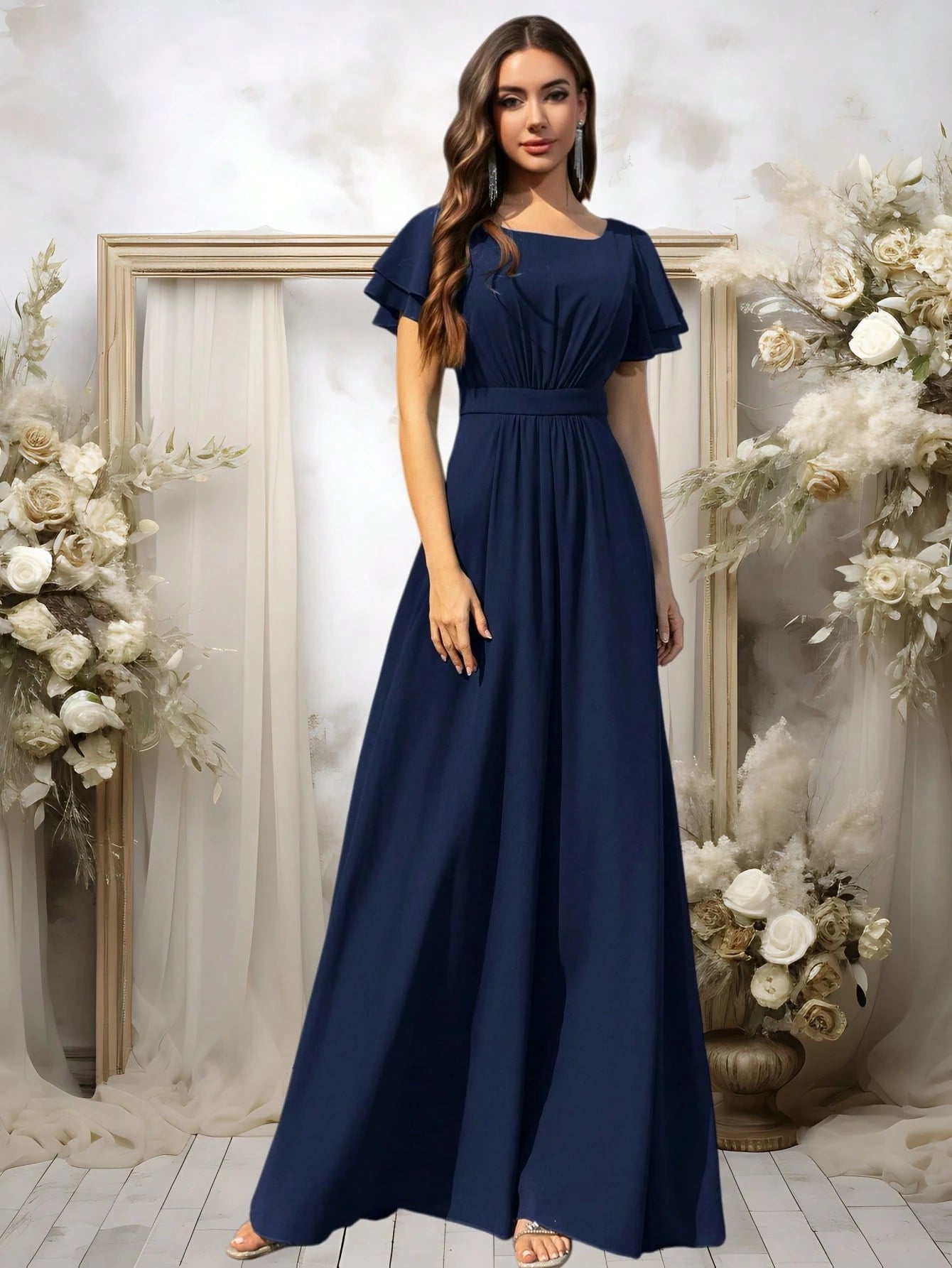 Volly Toych Elegant Matcha Green Long Bridesmaid Dress, Round Neck