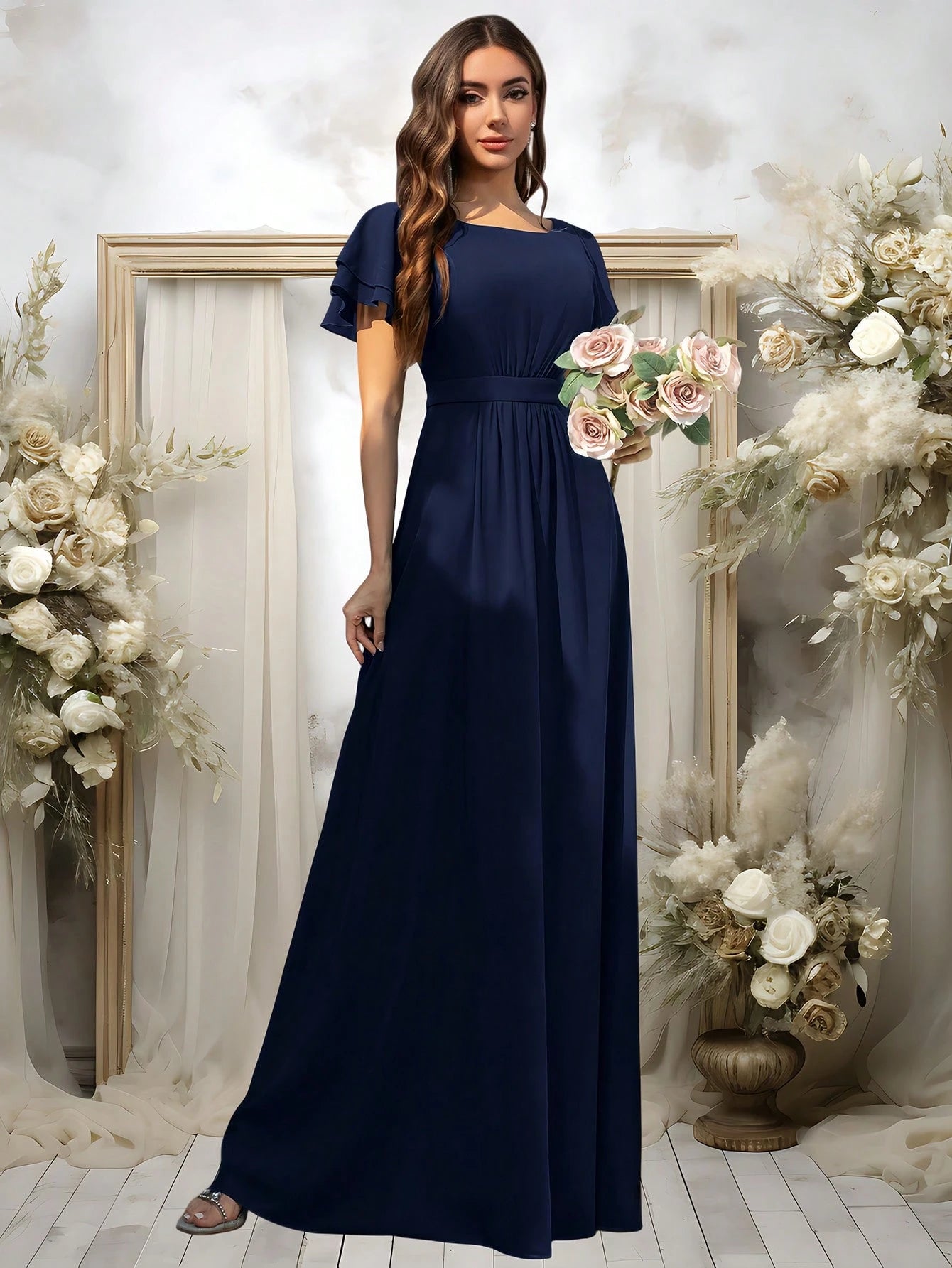 Volly Toych Elegant Light Blue Bridesmaid Dress, Flowing Chiffon Maxi Skirt, Ruffle Short Sleeves And Draped - image 17