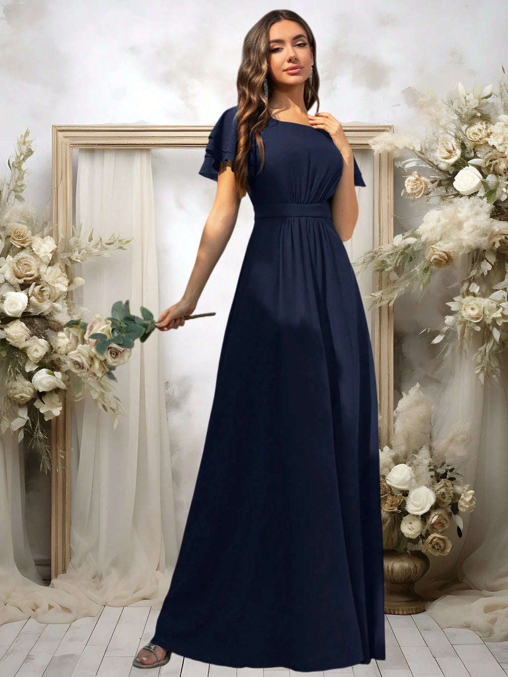 Volly Toych Elegant Light Blue Bridesmaid Dress, Flowing Chiffon Maxi Skirt, Ruffle Short Sleeves And Draped - image 18