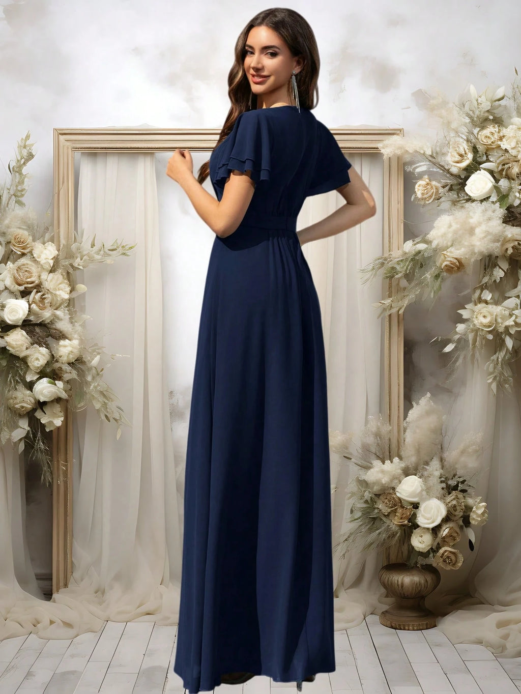 Volly Toych Elegant Light Blue Bridesmaid Dress, Flowing Chiffon Maxi Skirt, Ruffle Short Sleeves And Draped - image 14