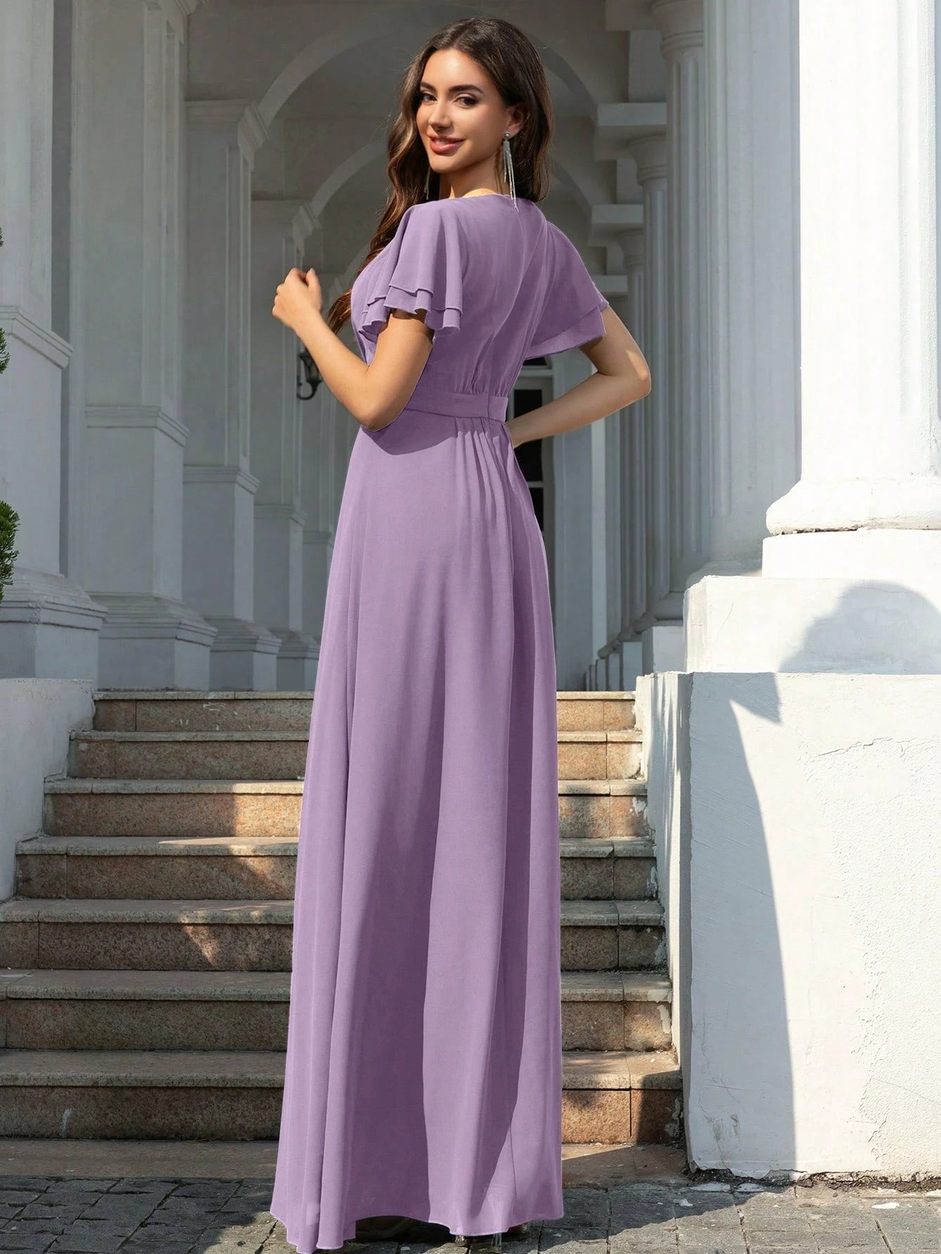 Volly Toych Elegant Light Blue Bridesmaid Dress, Flowing Chiffon Maxi Skirt, Ruffle Short Sleeves And Draped - image 20