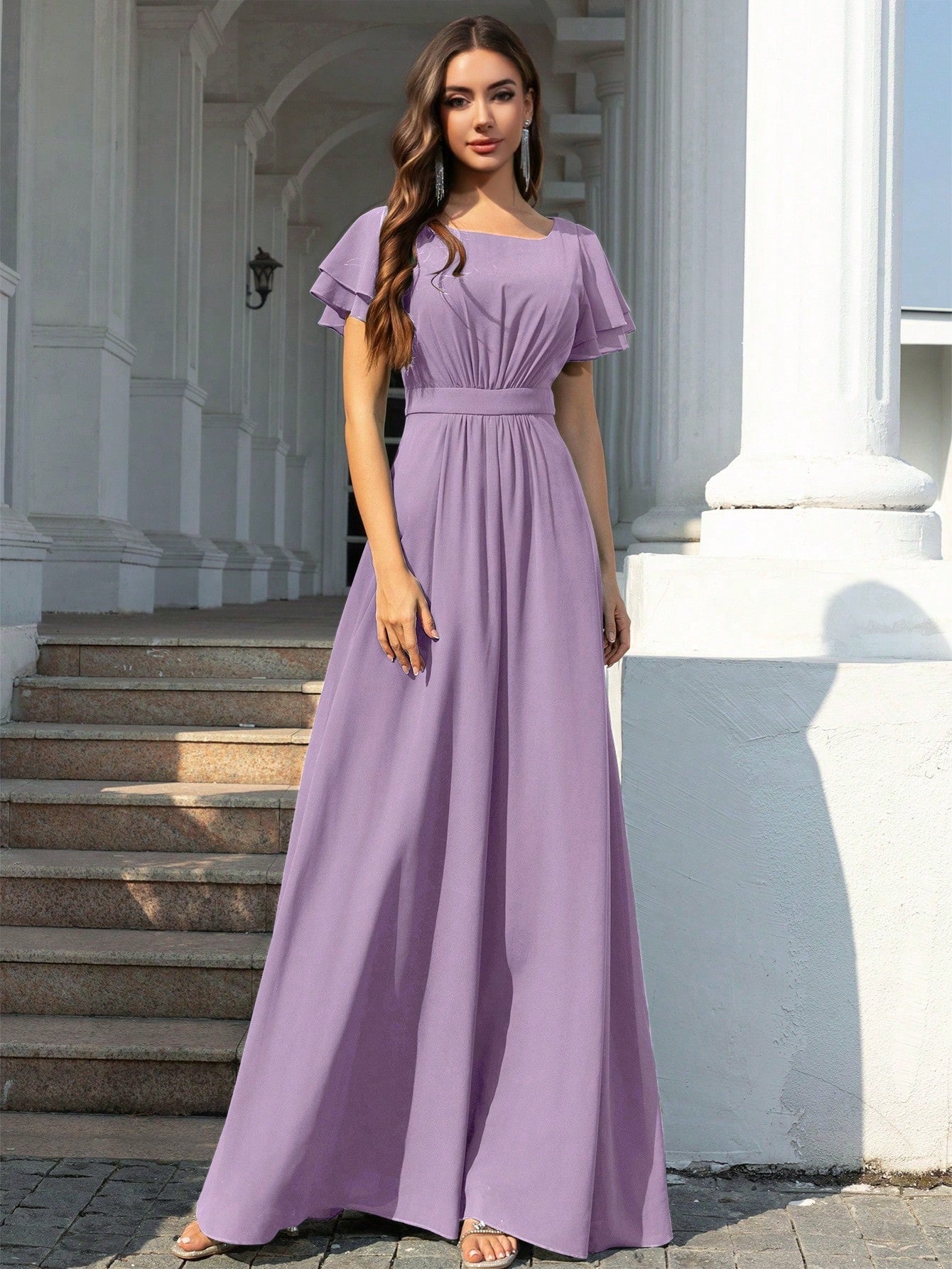 Volly Toych Elegant Light Blue Bridesmaid Dress, Flowing Chiffon Maxi Skirt, Ruffle Short Sleeves And Draped - image 19