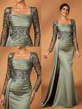 Serin Sage Green Elegant Summer Wedding Mermaid Dress,Pearl Sequin Embroidered Satin Ruffle Mother Of The
