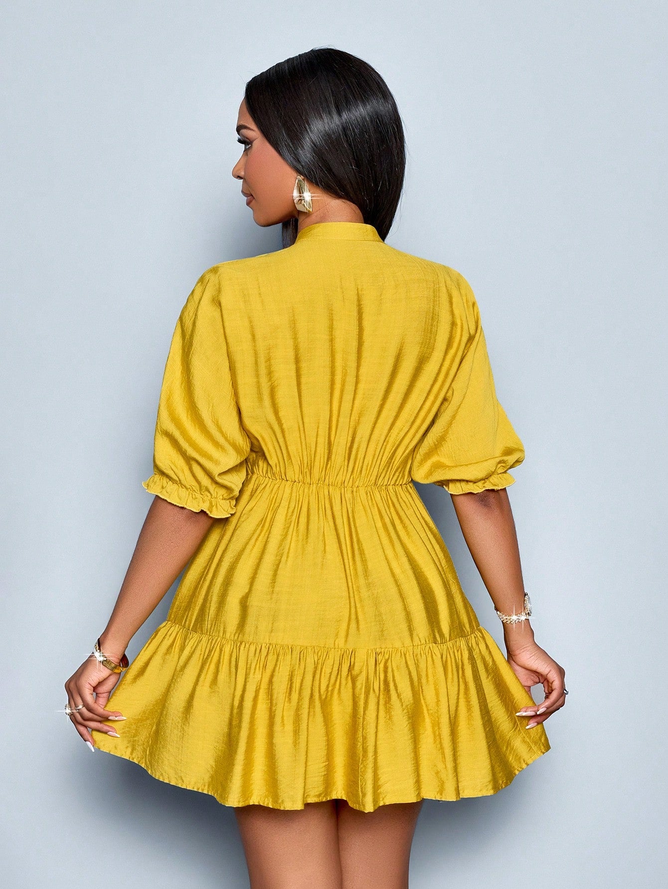 SOLERSUN Elegant Mustard Yellow Summer Dress,Women's Casual V-Neck Babydoll Mini Dress,Solid Color A-Line - image 8