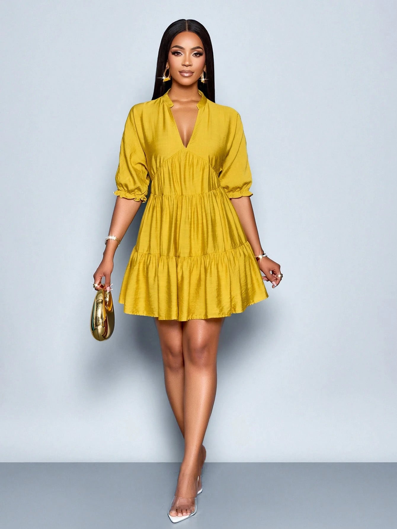 SOLERSUN Elegant Mustard Yellow Summer Dress,Women's Casual V-Neck Babydoll Mini Dress,Solid Color A-Line - image 9