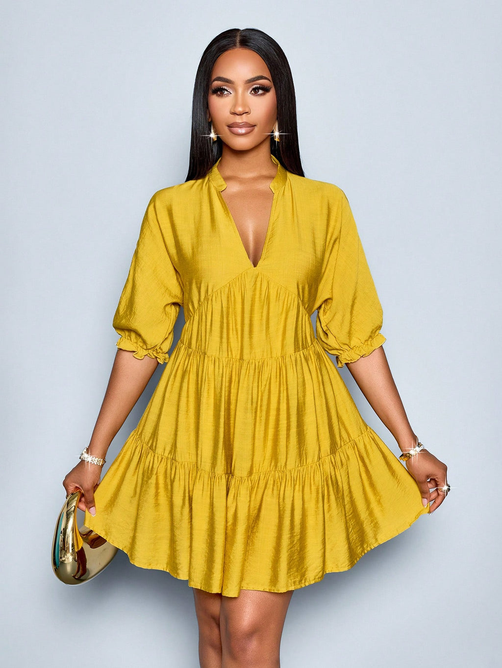 SOLERSUN Elegant Mustard Yellow Summer Dress,Women's Casual V-Neck Babydoll Mini Dress,Solid Color A-Line - image 10