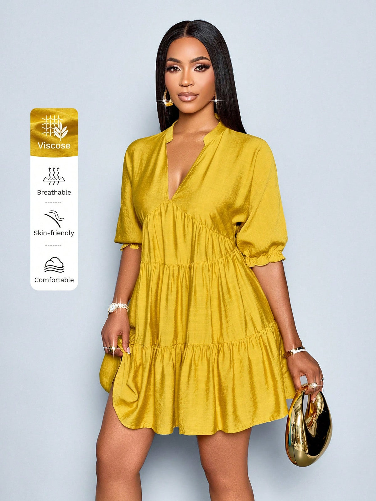 SOLERSUN Elegant Mustard Yellow Summer Dress,Women's Casual V-Neck Babydoll Mini Dress,Solid Color A-Line - image 7
