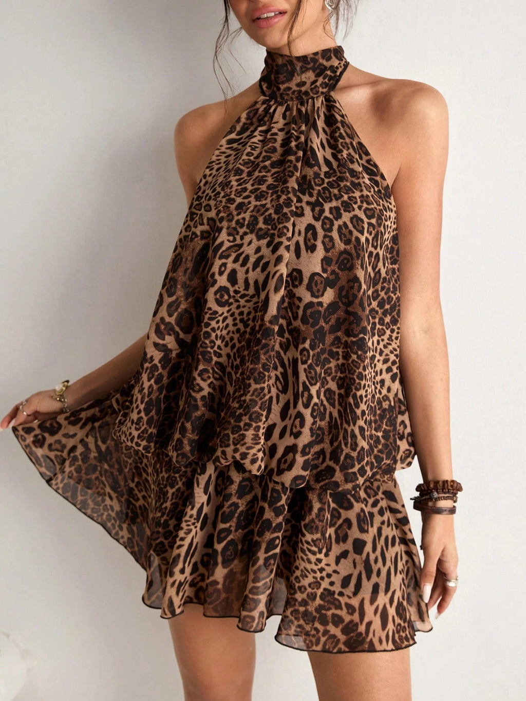 Freevana Women's Sexy Backless Knot Halter Mini Dress With Leopard