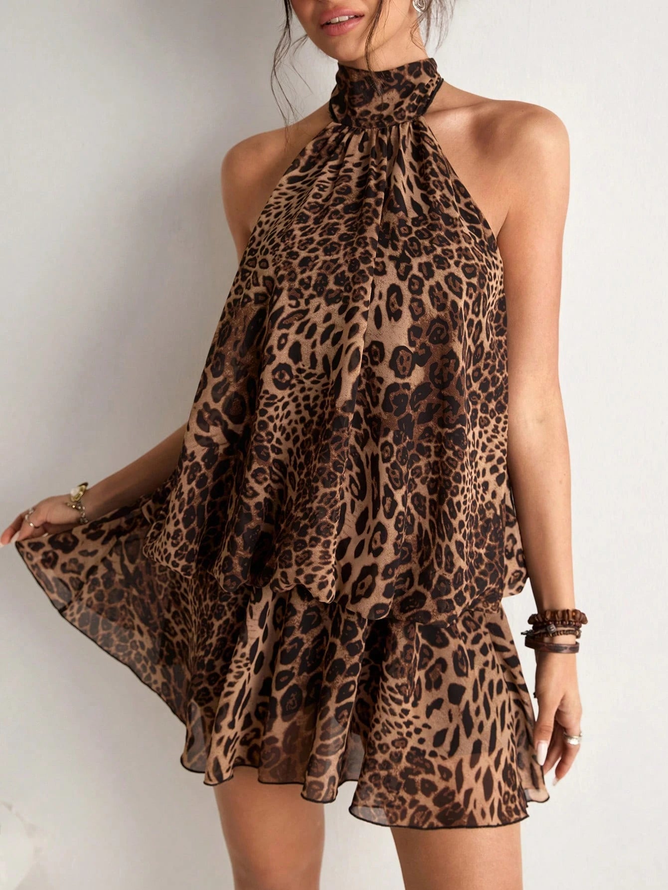 Freevana Women's Sexy Backless Knot Halter Mini Dress With Leopard