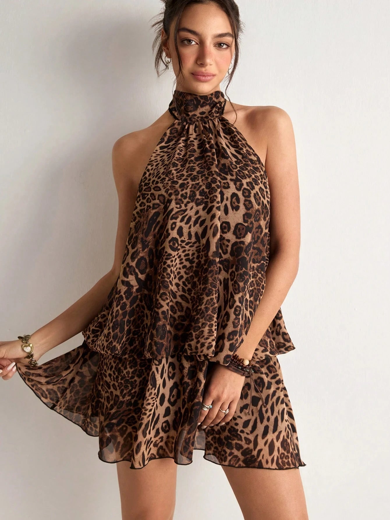 Freevana Women's Sexy Backless Knot Halter Mini Dress With Leopard Print, Suitable For Summer Vacation Halter - image 4
