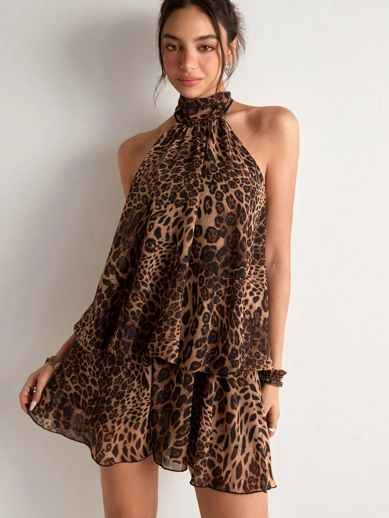 Freevana Women's Sexy Backless Knot Halter Mini Dress With Leopard Print, Suitable For Summer Vacation Halter - image 5